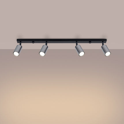 Plafonnier Acier Luxe 4 Barre Noir/Chrome, vue d'angle des spots orientés
