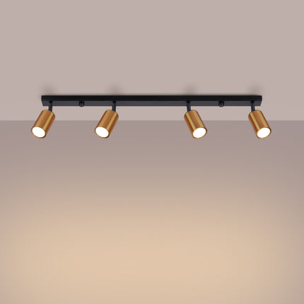Plafonnier Acier Luxe 4 Barre Noir/Cuivre, vue d'angle des spots orientés