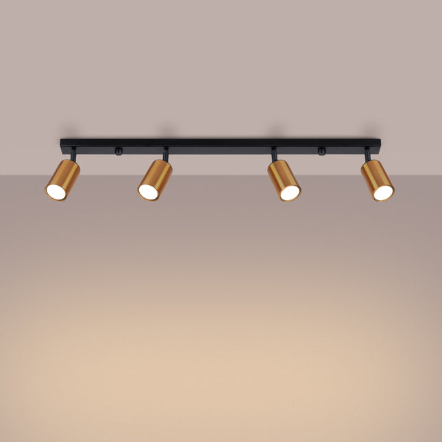 Plafonnier Acier Luxe 4 Barre Noir/Cuivre, vue d'angle des spots orientés