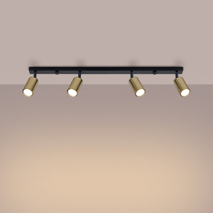 Plafonnier Acier Luxe 4 Barre Noir/Doré, vue d'angle des spots orientés