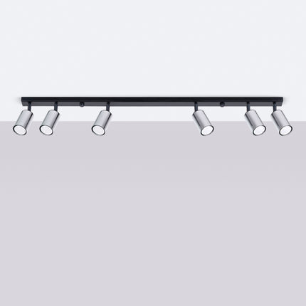 Plafonnier Acier Luxe 6 Barre Noir/Chrome allumé, ampoules visibles
