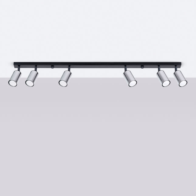 Plafonnier Acier Luxe 6 Barre Noir/Chrome allumé, ampoules visibles