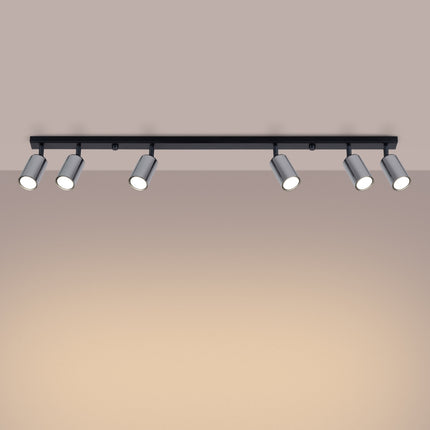 Plafonnier Acier Luxe 6 Barre Noir/Chrome, vue d'angle des spots orientés