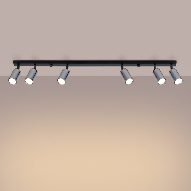 Plafonnier Acier Luxe 6 Barre Noir/Chrome, vue d'angle des spots orientés