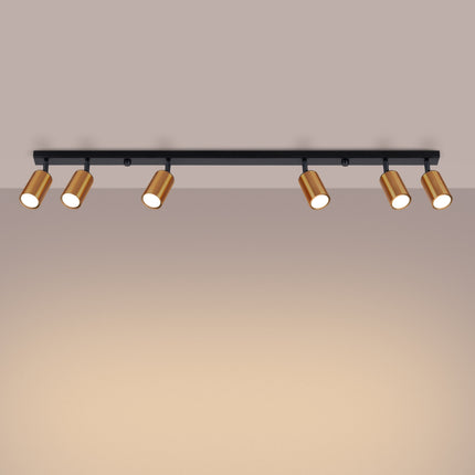 Plafonnier Acier Luxe 6 Barre Noir/Cuivre, vue d'angle des spots orientés