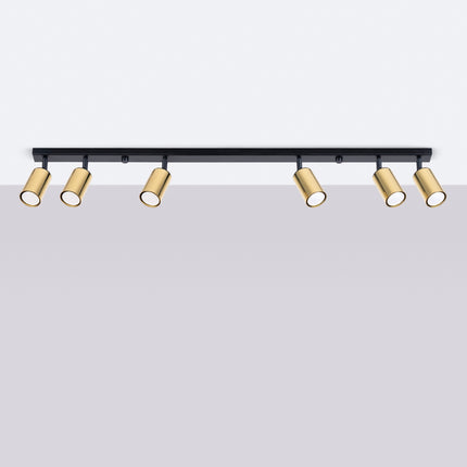 Plafonnier Acier Luxe 6 Barre Noir/Doré allumé, ampoules visibles