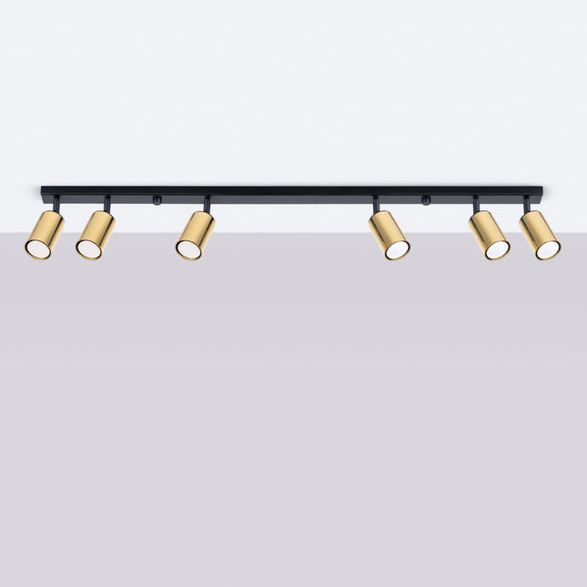 Plafonnier Acier Luxe 6 Barre Noir/Doré allumé, ampoules visibles