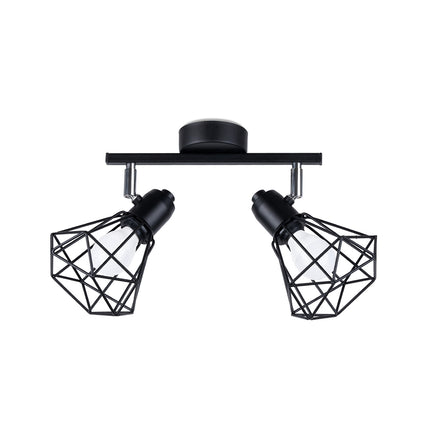 Plafonnier ajustable LED 2 spots en acier noir mat, cage filaire style atelier vue de face