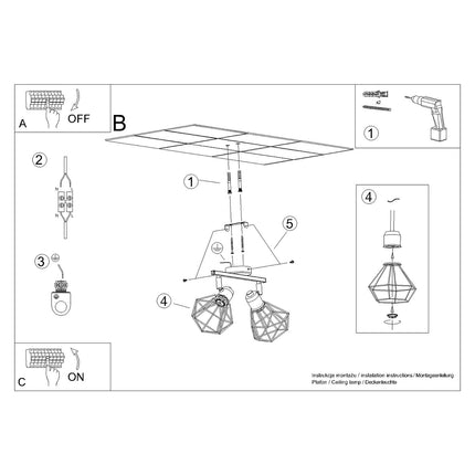 Schéma des dimensions du plafonnier ajustable LED 2 spots acier noir