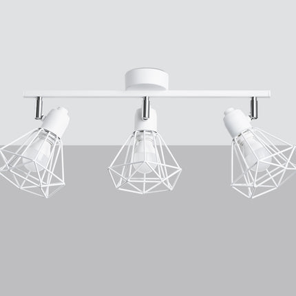 Détail de la cage filaire géométrique blanche du plafonnier ajustable 3 spots
