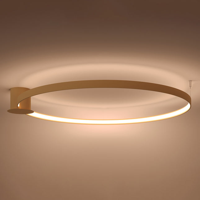 Plafonnier Anneau Solis 110 cm doré allumé, halo LED continu sous l'anneau
