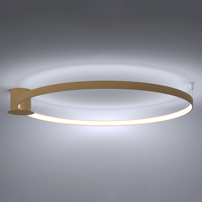 Plafonnier Anneau Solis 110 cm doré allumé, halo LED continu sous l'anneau