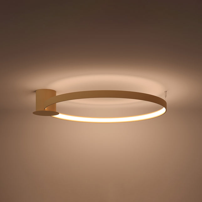 Plafonnier Anneau Solis 78 cm doré allumé, halo LED continu sous l'anneau