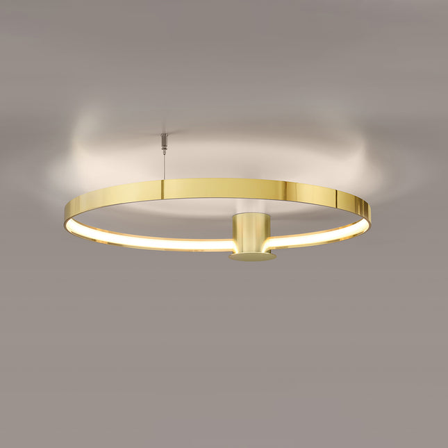 Plafonnier Anneau Solis 78 cm doré poli allumé, halo LED continu sous l'anneau