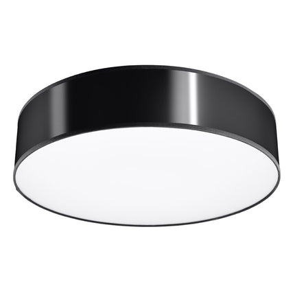 Plafonnier rond Arène 55 noir laqué sur fond blanc, abat-jour tambour et diffuseur opale