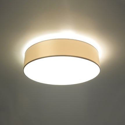 Plafonnier Arène blanc allumé, lumière chaude douce diffusée vers le bas et vers le plafond