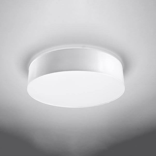 Plafonnier rond blanc Arène fixé au plafond, liseré lumineux diffusé vers le haut