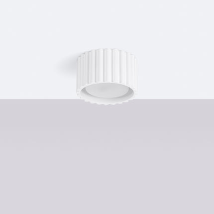 Fluted white Aura 1 ceiling light, side view showing the relief of the vertical fluting