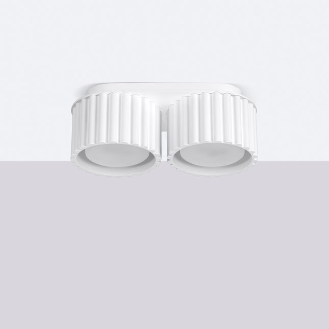 Aura ceiling light 2 white grooved mounted on the ceiling, overall view in a room