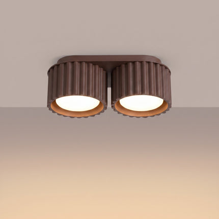 Plafonnier Aura 2 Aluminium Rainuré Brun Chocolat, lumière allumée