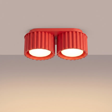 Plafonnier Aura 2 Aluminium Rainuré Rouge Vif, lumière allumée