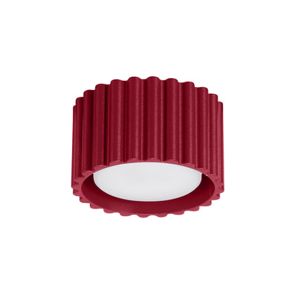 Plafonnier Aura cylindrique cannelé en aluminium bordeaux mat, diffuseur blanc, source GX53