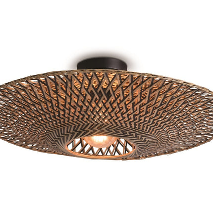 Bali ceiling light in braided black and natural bamboo, 60 cm diameter, front view on white background