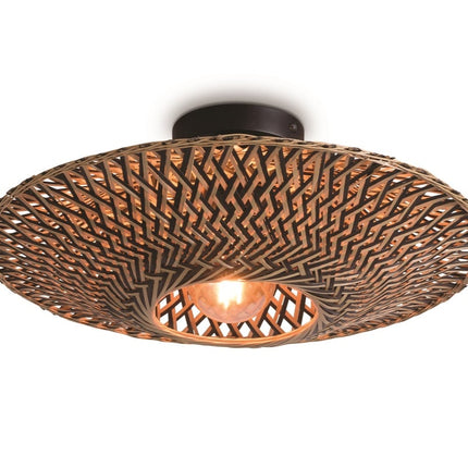Bali ceiling light in braided black and natural bamboo 44 cm, front view on white background, bulb lit