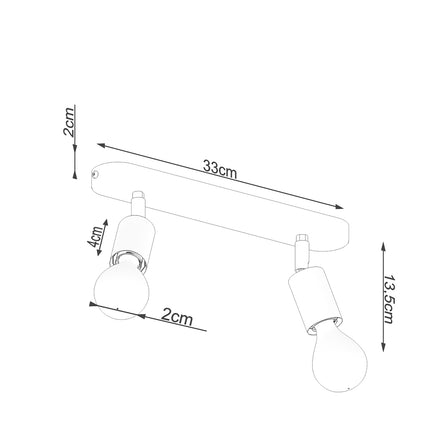 Dimension diagram of the ceiling light bar 2 spots steel black, 33x6x13,5 cm
