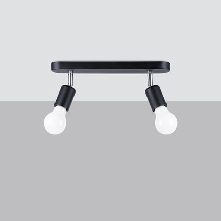 Ceiling light steel bar matte black with two adjustable spotlights, front view