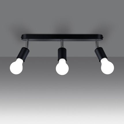 Ceiling light steel bar matte black 3 adjustable spotlights seen at an angle