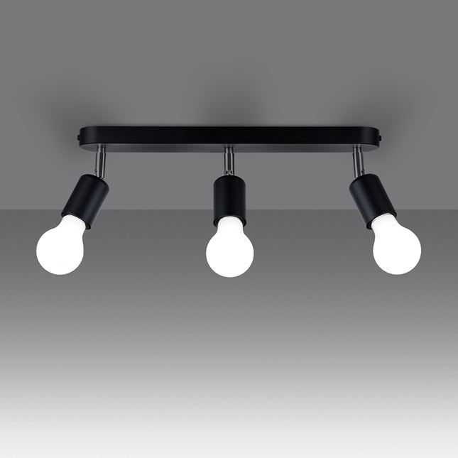Ceiling light steel bar matte black 3 adjustable spotlights seen at an angle