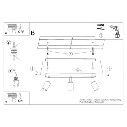 Detail of the ceiling mount of the black steel 3-spot bar ceiling light