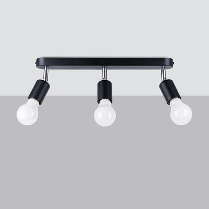 Plafonnier barre acier noir mat avec trois spots orientables, vue de face