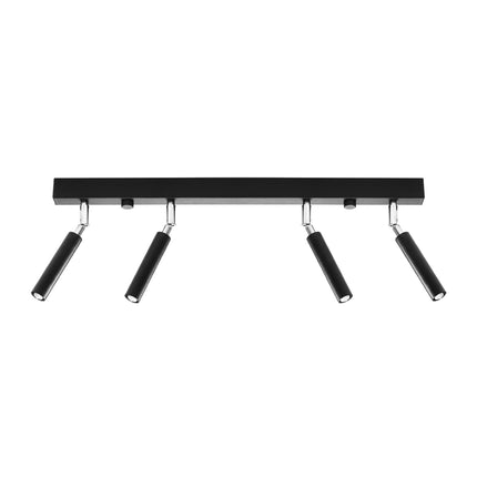 Plafonnier barre en acier noir mat avec quatre spots cylindriques orientables, vue de face