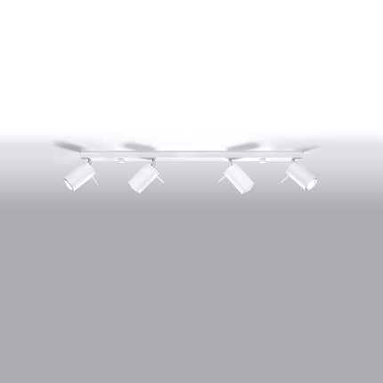 Plafonnier barre 4 spots orientables blanc au-dessus d'un plan de travail