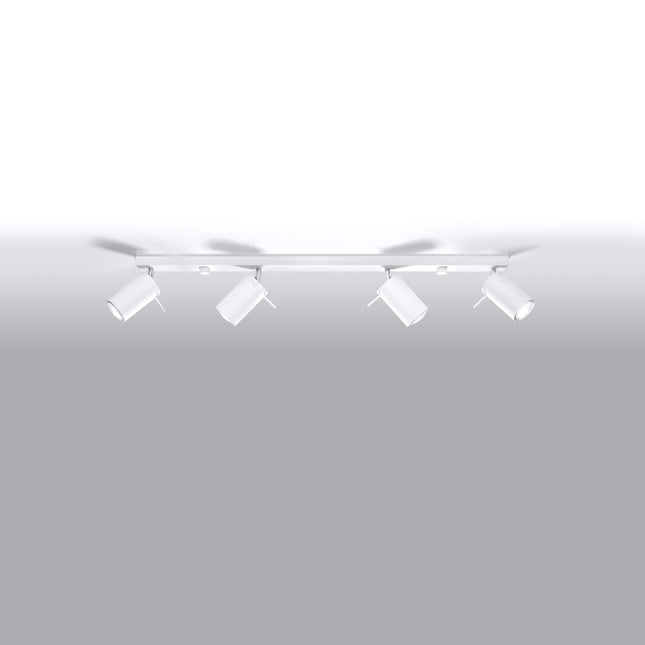 Plafonnier barre 4 spots orientables blanc au-dessus d'un plan de travail