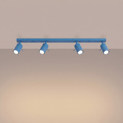 Plafonnier Barre 4 Spots Orientables Bleu Azur, lumière allumée