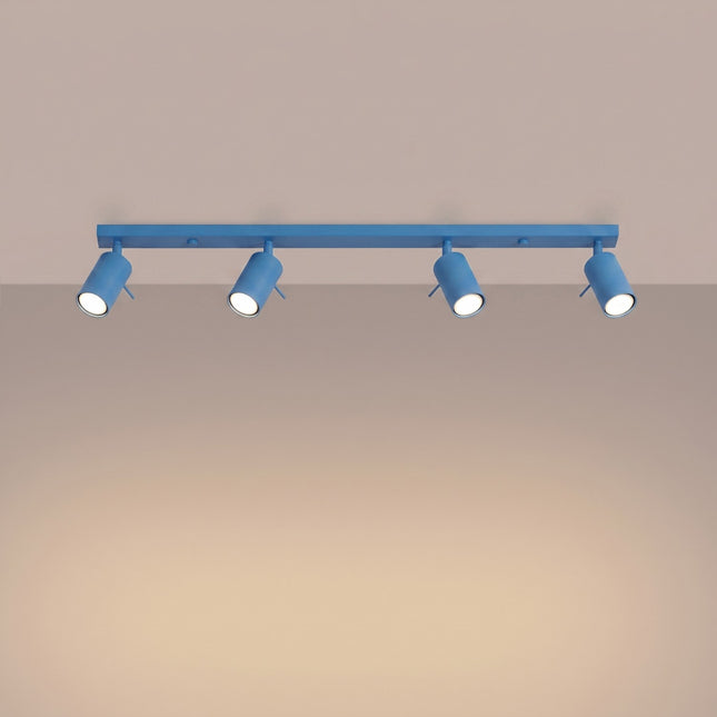 Plafonnier Barre 4 Spots Orientables Bleu Azur, lumière allumée
