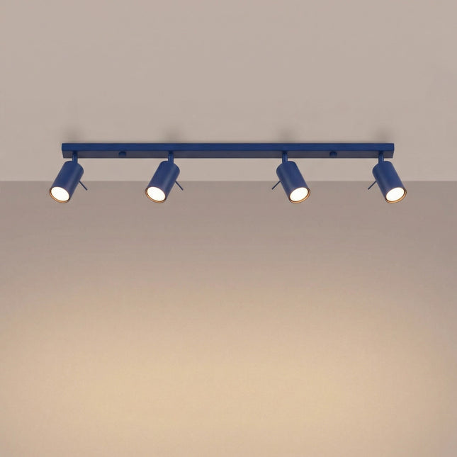 Plafonnier Barre 4 Spots Orientables Bleu Outremer, lumière allumée