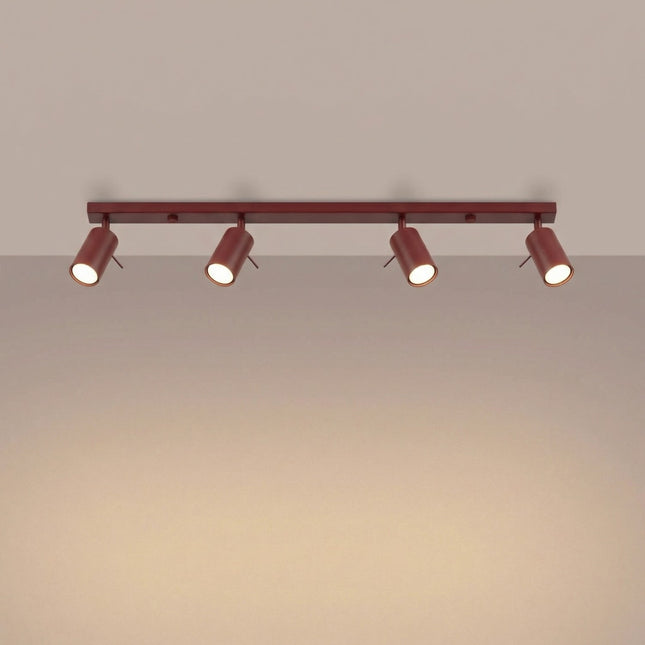 Plafonnier Barre 4 Spots Orientables Bordeaux, lumière allumée