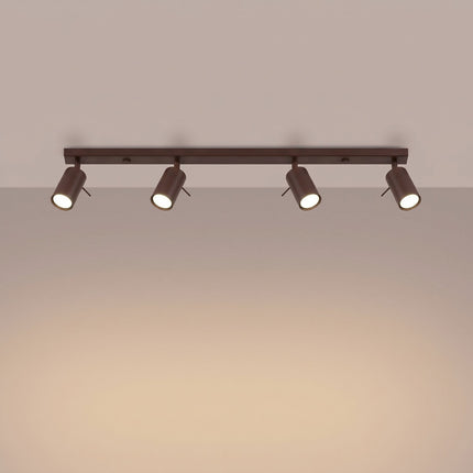 Plafonnier Barre 4 Spots Orientables Brun Chocolat, lumière allumée