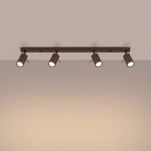Plafonnier Barre 4 Spots Orientables Brun Chocolat, lumière allumée