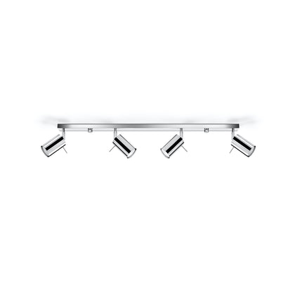 Plafonnier barre de 80 cm à 4 spots cylindriques orientables en acier chromé brillant, fond blanc
