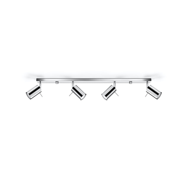 Plafonnier barre de 80 cm à 4 spots cylindriques orientables en acier chromé brillant, fond blanc