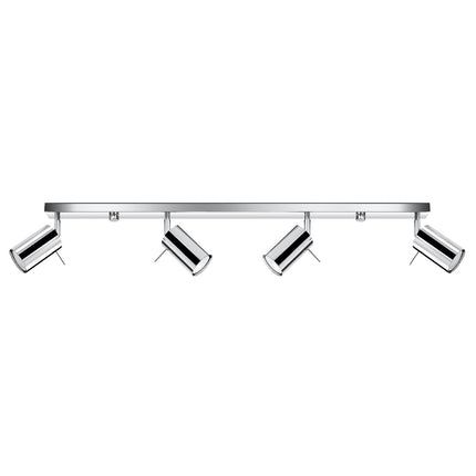 Plafonnier barre chromé à 4 spots vu de profil, têtes cylindriques orientées, fond blanc