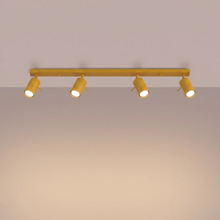 Plafonnier Barre 4 Spots Orientables Jaune Ambré, lumière allumée