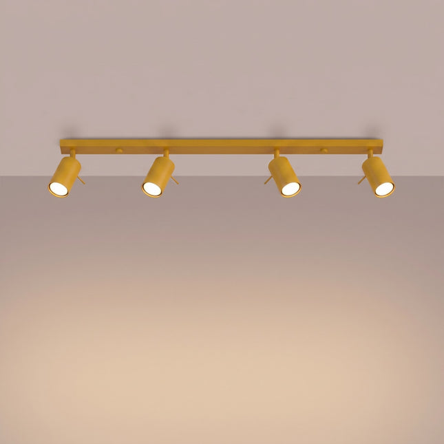 Plafonnier Barre 4 Spots Orientables Jaune Ambré, lumière allumée