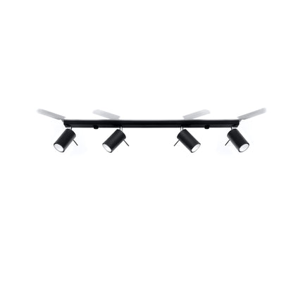 Plafonnier barre 4 spots orientables noir dans un salon industriel