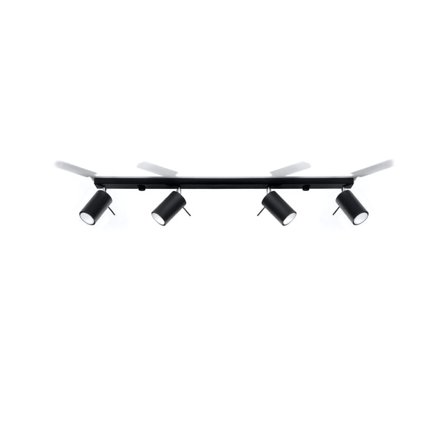 Plafonnier barre 4 spots orientables noir dans un salon industriel